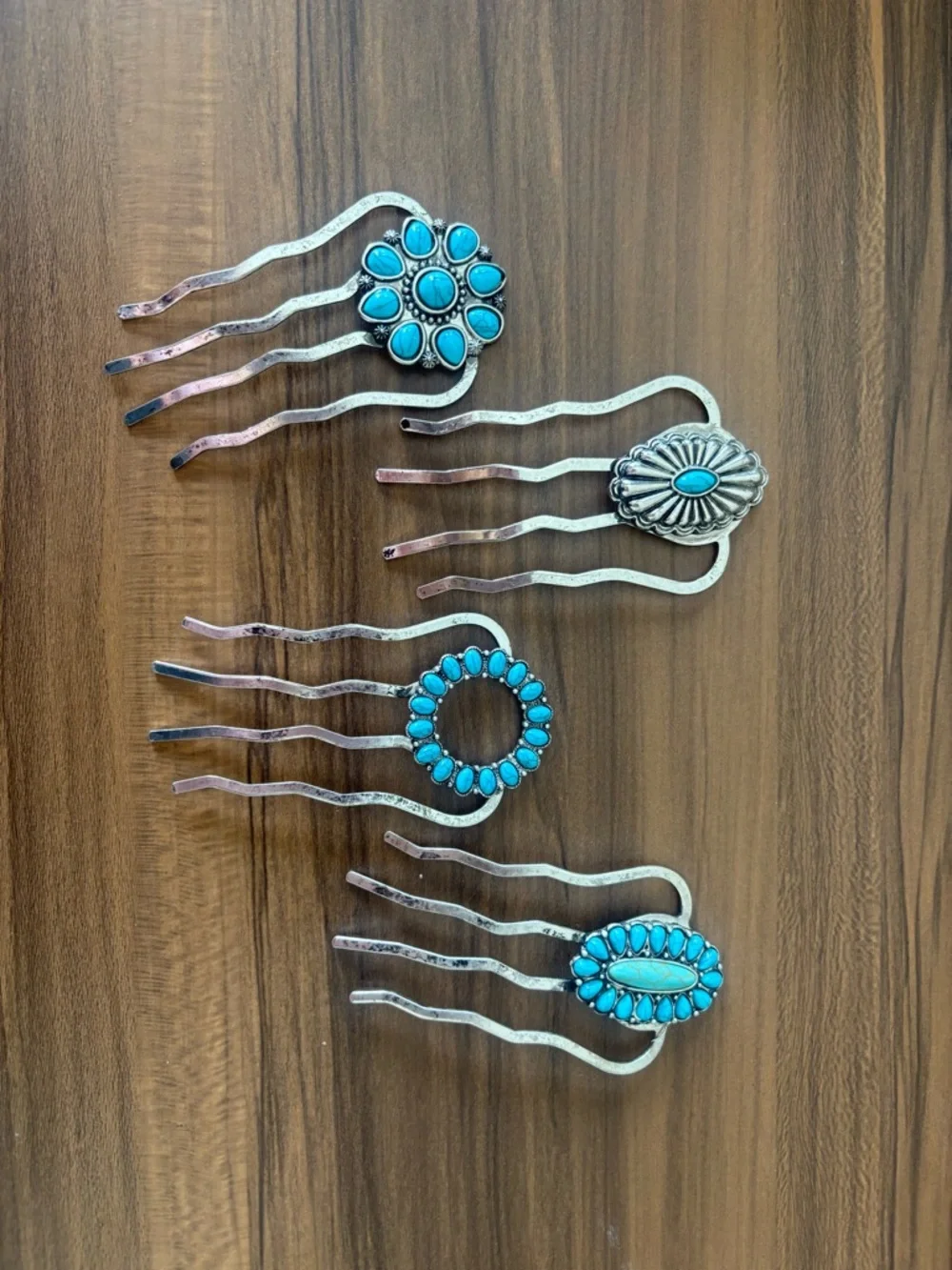 Turquoise Silver-Tone Hair Pins - Set of 4